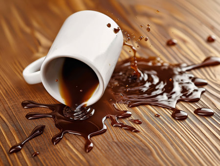 A white mug lies on its side, spilling dark coffee onto a wooden surface, creating a splashの素材
