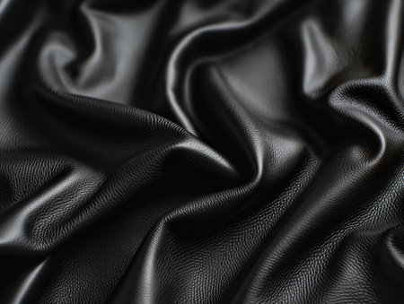 Close-up of black leather fabric with intricate texture and elegant folds, showcasing its luxurious and smooth surfaceの素材
