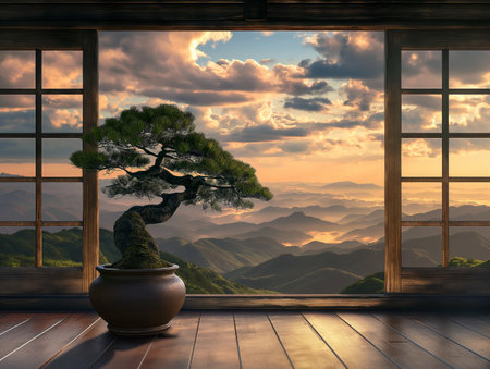 A bonsai tree in a pot sits on a wooden floor, framed by large windows overlooking a stunning mountain sunsetの素材