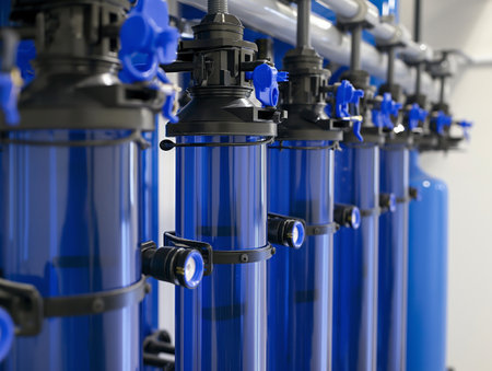 Close-up of blue cylindrical water filters in an industrial filtration system, showcasing pipes and valvesの素材