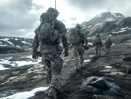 A group of soldiers in camouflage gear hike through a rugged, snowy mountain landscape under a cloudy skyの素材