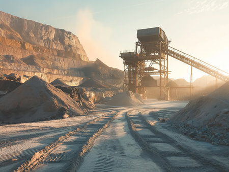 A quarry at sunrise with large rock piles, tire tracks, and an industrial conveyor system in viewの素材