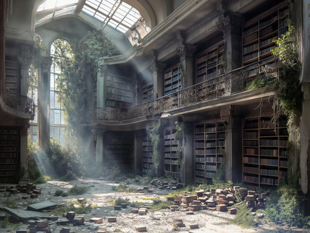 Sunlight streams through broken windows of an abandoned library, illuminating dusty bookshelves and scattered books, with plants overtaking the spaceの素材