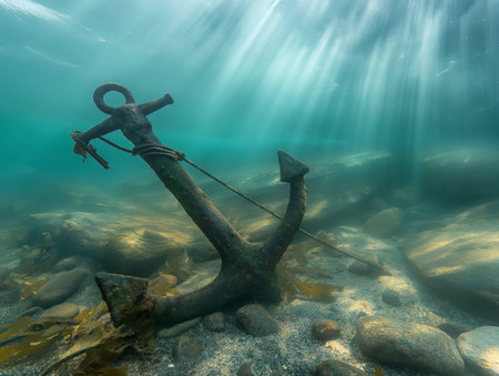 An old anchor rests on the ocean floor, bathed in sunlight filtering through the water, surrounded by rocks and seaweedの素材