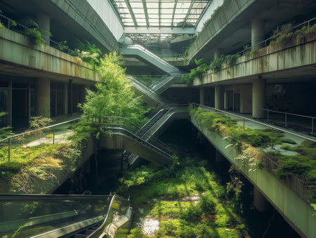 An abandoned mall with escalators and walkways overtaken by lush greenery and plants, bathed in natural light from a glass ceilingの素材