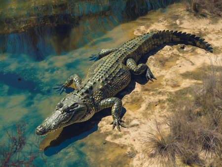 A large crocodile lies on the sandy bank of a water body, partially submerged, with its textured scales glistening in the sunlightの素材