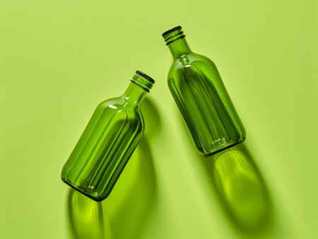 Two green glass bottles lie on a light green surface, casting soft shadows The bottles are empty and have a reflective sheenの素材
