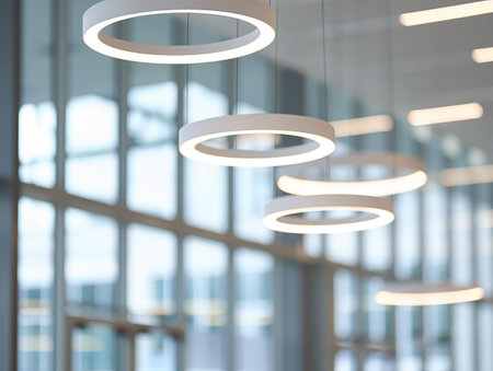 Circular pendant lights hang from the ceiling in a modern office with large windows and natural lightの素材