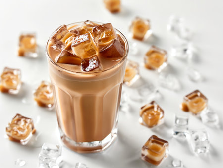 A glass of iced coffee with milk, filled with ice cubes, sits on a white surface surrounded by scattered ice cubesの素材
