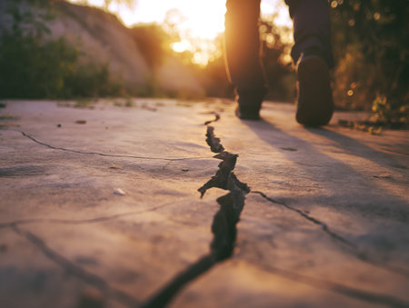 A person walks on a cracked, sunlit path with greenery in the background, emphasizing resilienceの素材