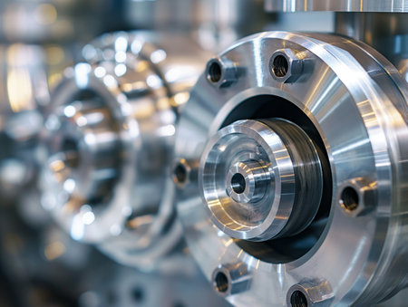 Detailed close-up of polished metal machinery parts with bolts and circular patterns, showcasing precision engineeringの素材