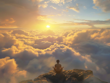 A person sits in a meditative pose on a rocky peak, surrounded by a sea of clouds, as the sun risesの素材
