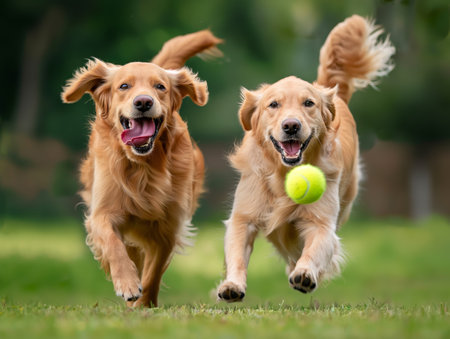 Two joyful golden retrievers run side by side on a grassy field, eagerly chasing a bright yellow tennis ballの素材