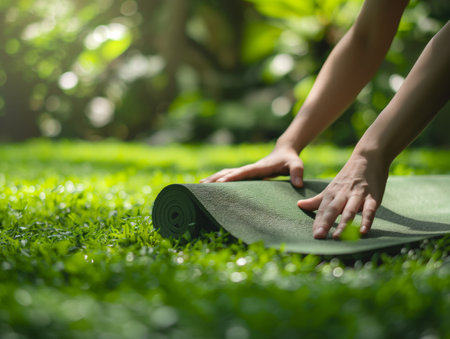Hands roll out a green yoga mat on vibrant grass, surrounded by lush greenery and soft sunlightの素材