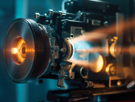 A close-up of a vintage film projector with a glowing lens, casting light beams in a dimly lit roomの素材