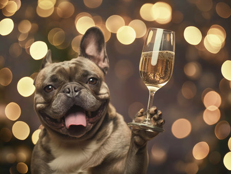 A happy French Bulldog holds a glass of champagne, with a festive bokeh background of warm lightsの素材