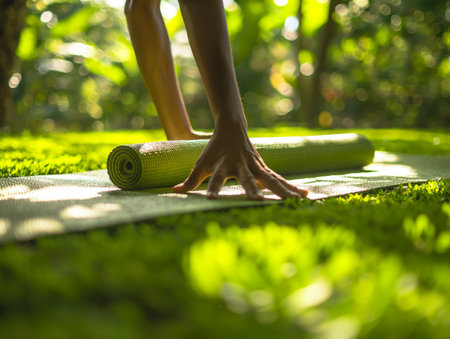 A person rolls out a green yoga mat on lush grass in a sunlit garden, preparing for a yoga sessionの素材