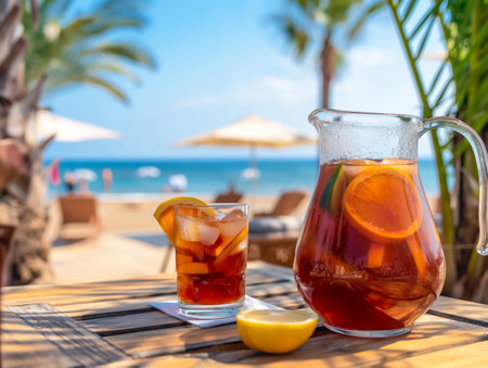 A glass and pitcher of iced tea with citrus slices sit on a wooden table, with a sunny beach and palm trees in the backgroundの素材