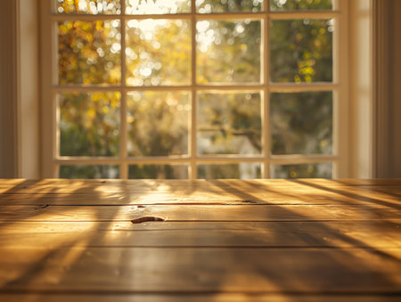 A wooden table bathed in warm sunlight stands before a large window with a blurred view of treesの素材