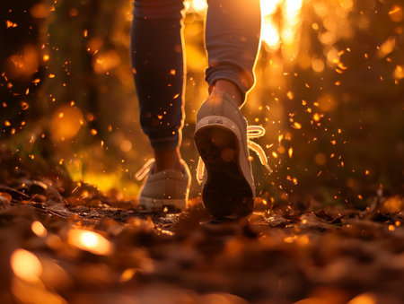 A close-up of a person walking on a leaf-covered path, illuminated by warm, golden sunlight Fallen leaves and dust particles float in the air, creating a magical atmosphereの素材