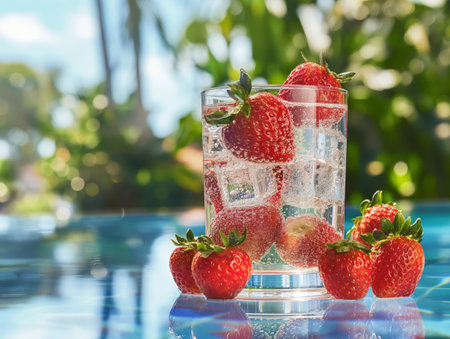 A glass of sparkling water with ice cubes and strawberries sits on a poolside table, surrounded by fresh strawberries, with a lush green backgroundの素材
