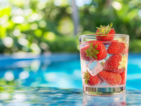 A glass filled with fresh strawberries, ice cubes, and sparkling water sits by a pool, with a lush green backgroundの素材