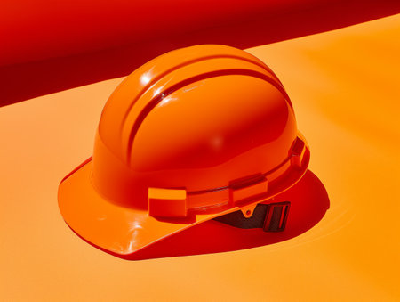 A vibrant orange construction helmet sits on an orange surface, casting a shadow The background and helmet are the same shade, creating a monochromatic effectの素材
