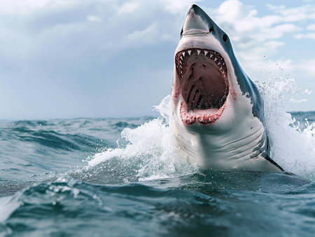 A great white shark emerges from the ocean with its mouth wide open, displaying sharp teeth The water splashes around it under a cloudy skyの素材