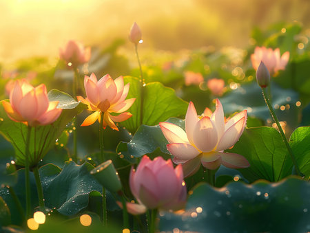 Pink lotus flowers bloom amidst green leaves, glistening with morning dew under a golden sunriseの素材