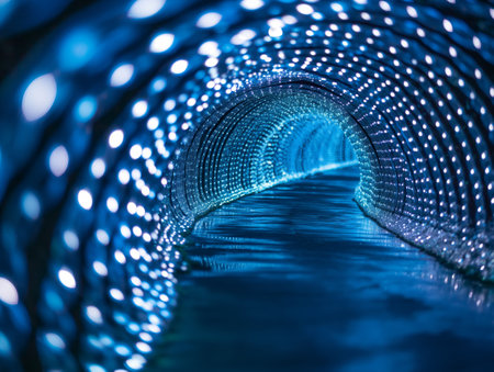 A mesmerizing tunnel adorned with countless blue lights, creating a captivating, futuristic ambiance The lights reflect off the smooth surface, enhancing the ethereal effectの素材