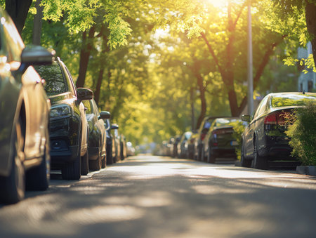 A serene street lined with parked cars under a canopy of lush green trees, bathed in warm sunlightの素材