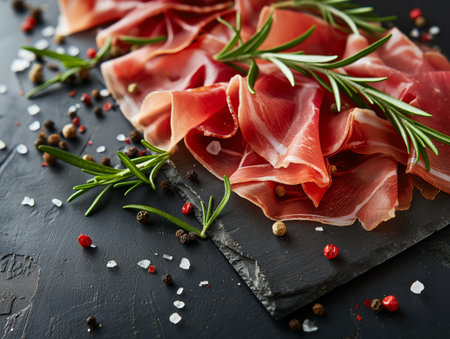 Thin slices of prosciutto are artfully arranged on a slate board, garnished with fresh rosemary sprigs, coarse salt, and mixed peppercornsの素材