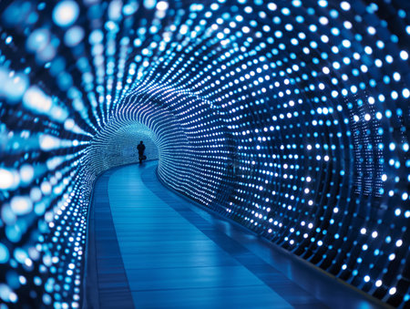 A person walks through a tunnel illuminated by blue LED lights, creating a futuristic ambianceの素材