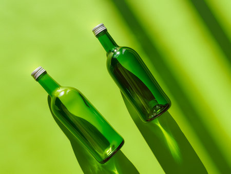 Two green glass bottles with silver caps lie on a bright green surface, casting long shadowsの素材