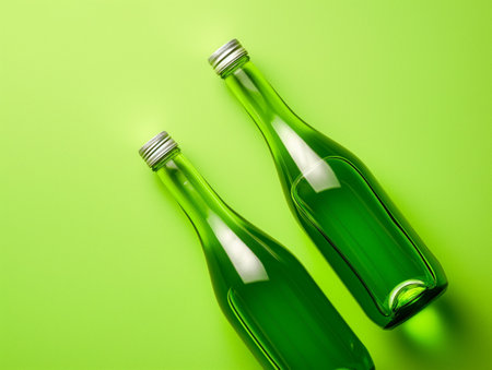 Two green glass bottles with silver caps lie on a vibrant green surface, casting soft shadowsの素材