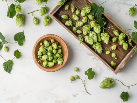 Fresh green hops are displayed in a wooden tray and bowl on a white surface, surrounded by leavesの素材