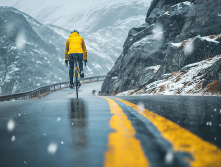 A cyclist in a yellow jacket rides on a wet, snowy mountain road, surrounded by rocky terrain and falling snowの素材