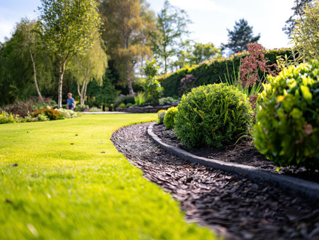 A beautifully landscaped garden with a curved pathway, vibrant green grass, and various shrubs A person is seen in the background, enjoying the serene environmentの素材