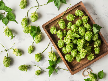 Fresh green hops are scattered on a white surface, with many collected in a wooden tray Green leaves and stems are also visibleの素材