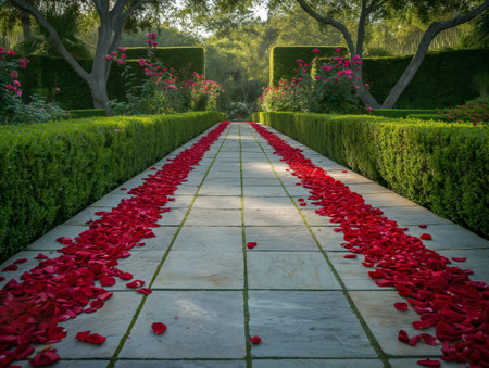 A stone pathway lined with vibrant red rose petals, flanked by manicured hedges and blooming roses, under a canopy of treesの素材