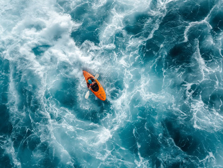 Aerial view of a kayaker in an orange kayak paddling through choppy, swirling blue watersの素材