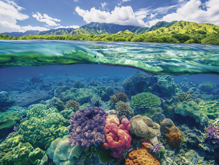 A split-view image showcasing a vibrant coral reef underwater and lush green mountains above the waterlineの素材