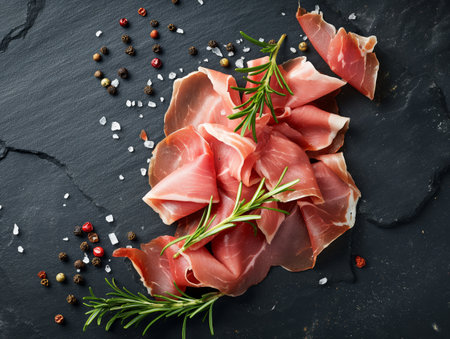 Thinly sliced prosciutto garnished with rosemary sprigs, coarse salt, and mixed peppercorns on a dark slate surfaceの素材