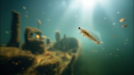 A small, translucent aquatic creature floats in clear water, with blurred underwater structures in the background.の素材