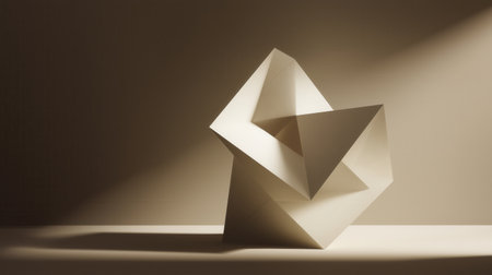 A complex geometric paper sculpture is illuminated by a focused light, casting sharp shadows on a neutral background.の素材