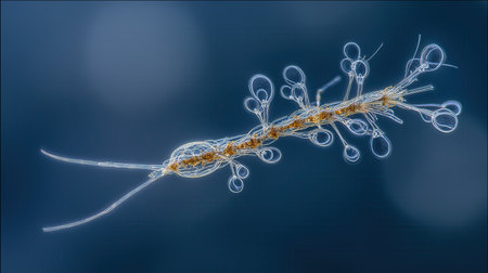 A detailed microscopic image of a diatom chain with intricate, translucent structures against a blue background.の素材