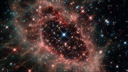 A vibrant cosmic nebula with a dark central void, surrounded by twinkling stars in red and blue hues, creating a mesmerizing celestial scene.の素材