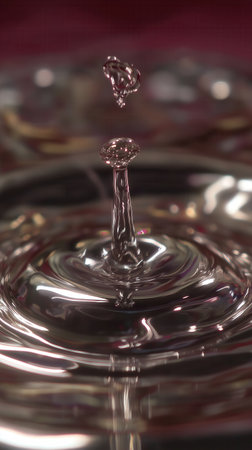 A water droplet is caught mid-air above a ripple, creating a striking visual of fluid dynamics against a blurred background.の素材