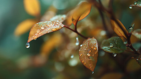 Close-up of autumn leaves with water droplets, showcasing vibrant colors and a blurred background, creating a serene and fresh atmosphere.の素材