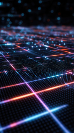 A vibrant digital grid with glowing neon lines in blue and red hues, creating a dynamic, futuristic atmosphere.の素材